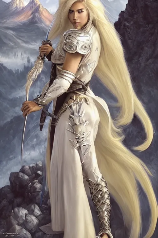 Prompt: Full body Picture of a female Dragon Tamer, fantasy inspired, shortbow, ivory skin, White hair, long messy hair, platinum attire, armor and robes, battle, detailed face features, light glowy yellow eyes, dragon hatchlings around, mountain background, D&D, by artgerm and Craig Mullins, James Jean, Andrey Ryabovichev, Mark Simonetti and Peter Morbacher, matte painting, trending on artstation, artstationHD, artstationHQ, octane, full HD, 16K, alluring