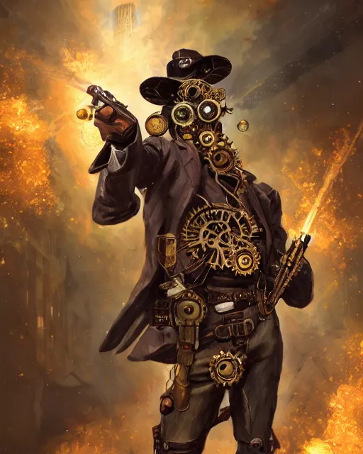 Prompt: oil painting of Anthropomorphized Steampunk Owlman Sniper, holding steampunk gun, sharp focus, exploding golden steampunk city background, full body, heroic pose, fantasy style, octane render, volumetric lighting, 8k high definition, by greg rutkowski, highly detailed, trending on art Station, magic the gathering artwork, centered, dramatic artwork, combat scene