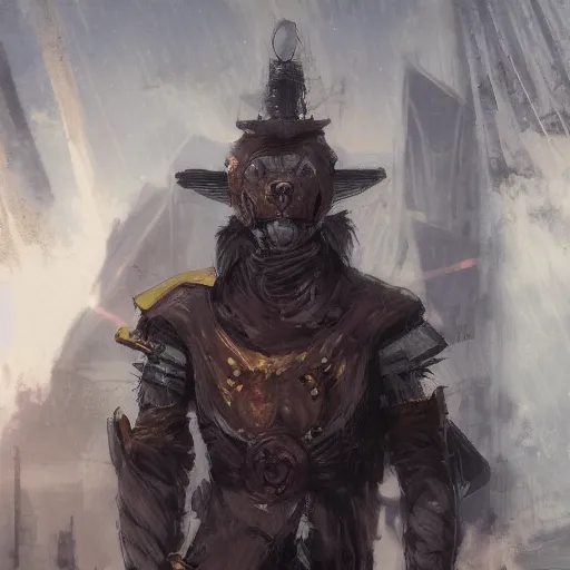 Image similar to portrait male anthro tiger dressed in military clothes character full body precis no blur, concept art, character sheet, nier automata, gaston bussiere, greg rutkowski, tsutomu nihei, cyberpunk, trending on artstation, featured on pixiv, hyper detail, cinematic composition, 8 k