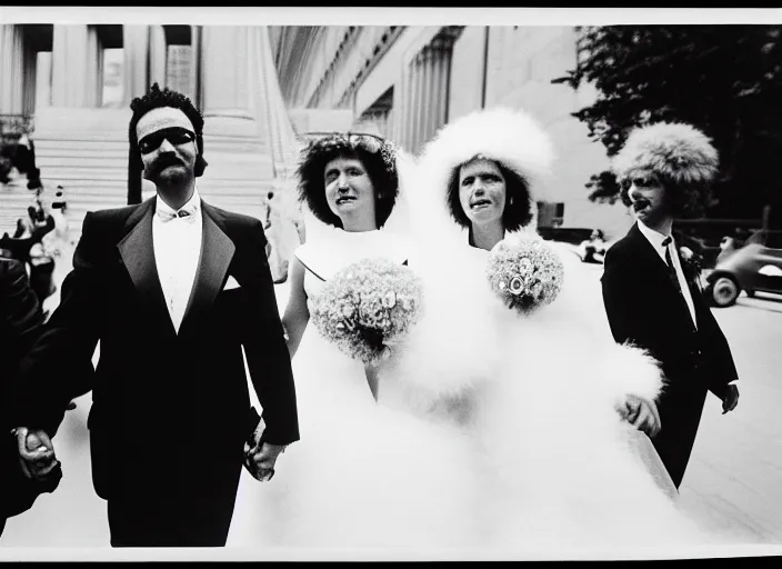 Prompt: realistic documentary portrait photo of a wedding slowly morphing into white fluffy hairy clouds, common street, front view, grain 1 9 9 0, life magazine reportage photo, metropolitan museum photo