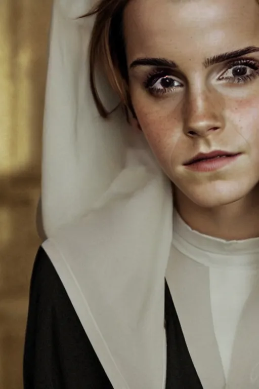 Prompt: portrait of emma watson as a nun, intimate, elegant, highly detailed, photorealistic, sharp focus, golden ratio