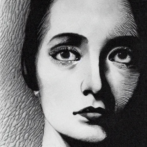 Image similar to extreme close-up, black and white, portrait of a young french woman from 1960s, marie laforet as model, Gustave Dore lithography