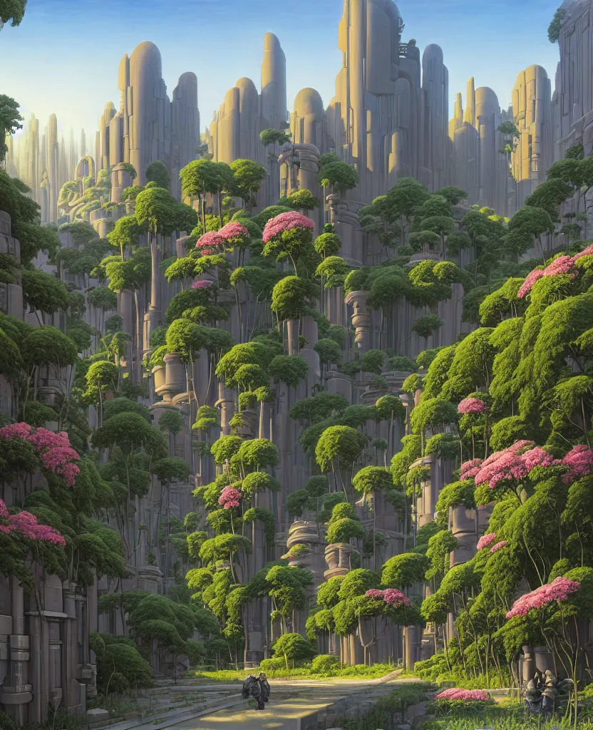 Image similar to reclaimed by nature by ralph mcquarrie inspired cityscape, highly detailed, flowers