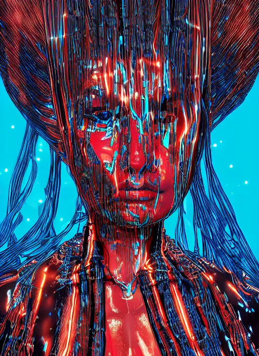 Image similar to extreme long shot, kodachrome, melting face, cyberpunk 2 0 y. o model girl, black reflect robe, wrapped in wires and piones, clear blue sky vintage style, looking straight ahead, in the style of yayoi kusama, lineart, artstation