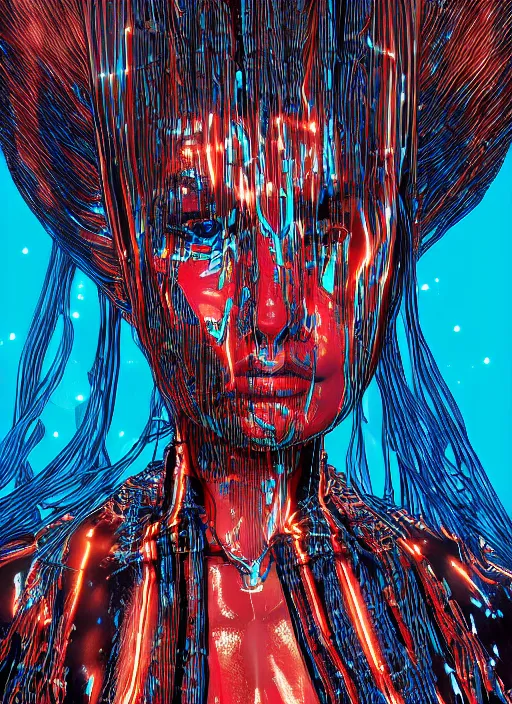 Prompt: extreme long shot, kodachrome, melting face, cyberpunk 2 0 y. o model girl, black reflect robe, wrapped in wires and piones, clear blue sky vintage style, looking straight ahead, in the style of yayoi kusama, lineart, artstation