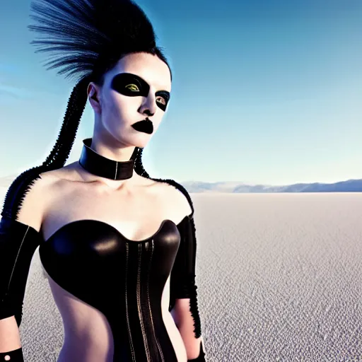 Image similar to photographic portrait of a stunningly beautiful goth cyberpunk renaissance female in strong sunshine on a salt flat, contemporary fashion shoot, by edward robert hughes, annie leibovitz and steve mccurry, david lazar, jimmy nelsson, breathtaking, 8 k resolution, extremely detailed, beautiful, establishing shot, artistic, hyperrealistic, beautiful face, octane render