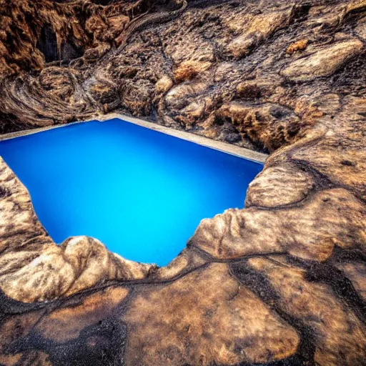 Image similar to A photo of a blue beautiful pool in the middle of infierno,hell, fire, lava in 85mm lense, artistic, highly realistic, super detailed, very very detailed, very ahestetic