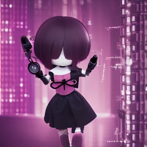 Image similar to cute fumo plush of a girl with six prosthetic mechanical arms, pink velvet dress, bokeh, cyberpunk anime girl, vray