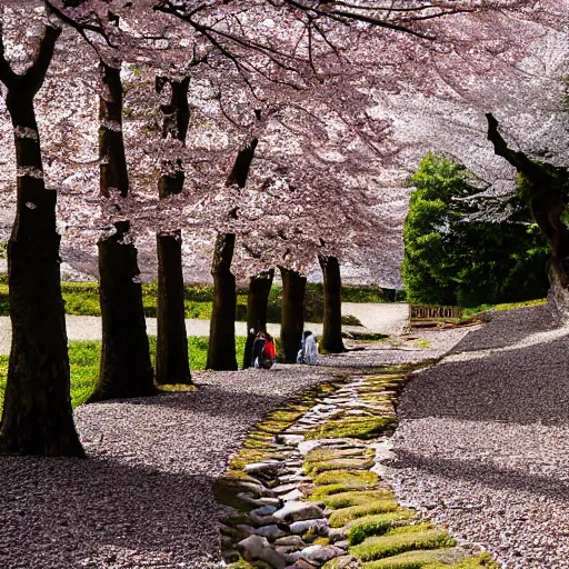 Prompt: stone path through a cherry blossom filled valley leading to a monastery