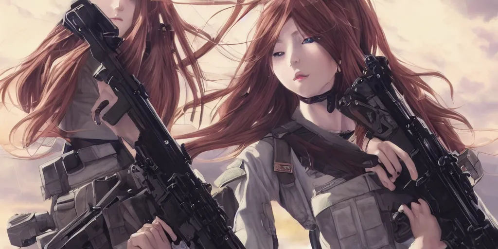 Prompt: soldier girl, xm 8 rifle, anime style, long hair, hair down, symmetrical facial features, from girls frontline, hyper realistic, pale skin, 4 k, rule of thirds, extreme detail, detailed drawing, trending artstation, hd, fantasy, d & d, by alphonse mucha, greg rutkowski, sharp focus, backlit