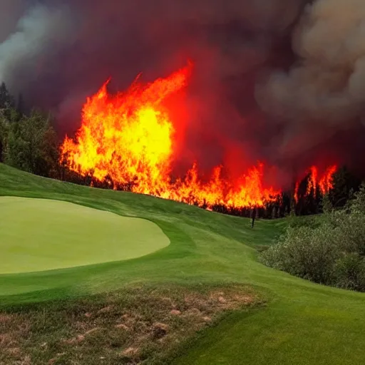 Prompt: lush golf course surrounded by forests on fire