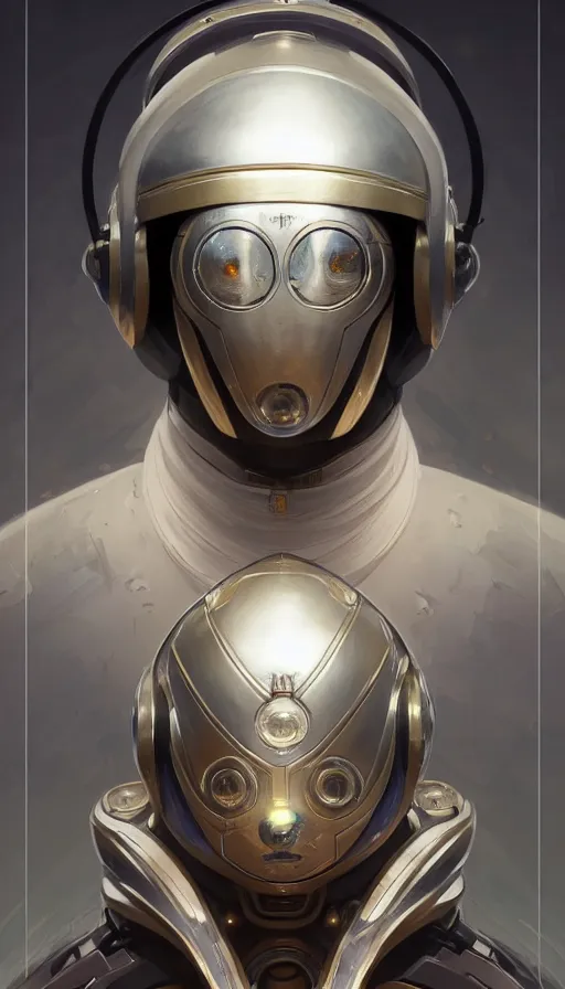 Image similar to Character design of a robot scifi religious monk with helmet, symmetrical, center punched, elegant, intricate, digital painting, artstation, concept art, smooth, sharp focus, illustration, art by artgerm and greg rutkowski and alphonse mucha