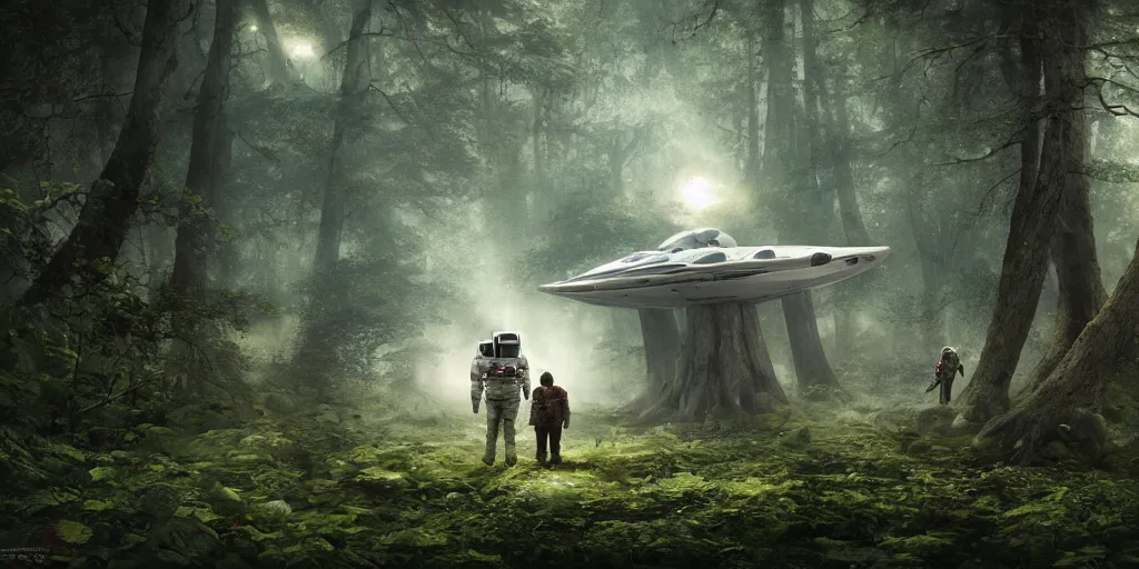 Image similar to an astronaut and a space ship in a forest, a detailed matte painting by frieke janssens, featured on cgsociety, space art, matte painting, matte drawing