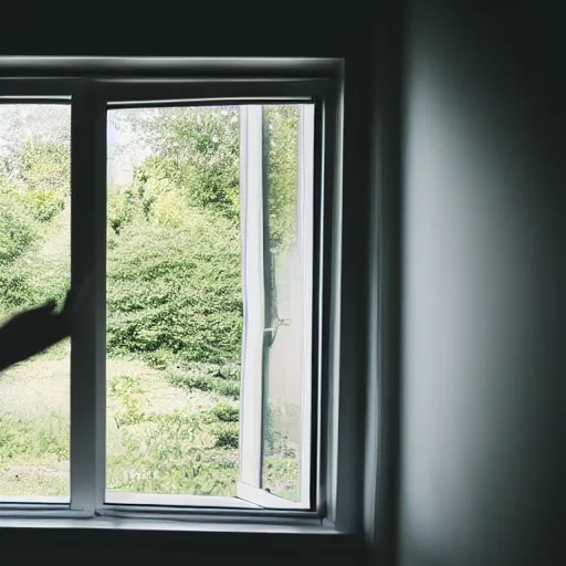 Prompt: black figure with massive wide eyes tapping at window, view from inside bedroom, midnight