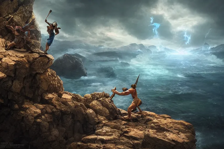 Prompt: Hercules in an intense fight against Perseus over a cliff, artwork by Stefan Kopinski and Guillem H. Pongiluppi, greek setting, photo realistic, volumetric lighting, HDR, 4k, high detail