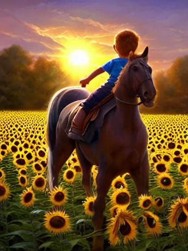 Image similar to a small happy todler, riding a horse in a sunflower field, a giant sun in the background. intricate, elegant, highly detailed, digital painting, artstation, concept art, sharp focus, illustration, by justin gerard and artgerm, 8 k