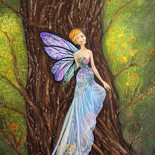 Prompt: a beautiful, detailed, intricate painting of a fairy with a dress full of pockets, in a tree, by james christiansen