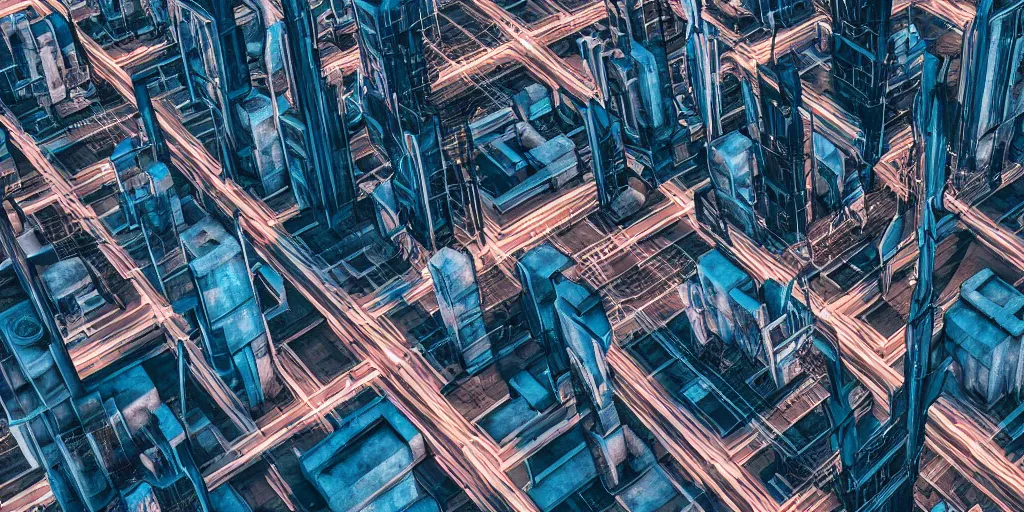 Prompt: drone view of a Cyberpunk city with a large road through, Brutalist architecture,sharp focus,telephoto lens,3D digital art 4k