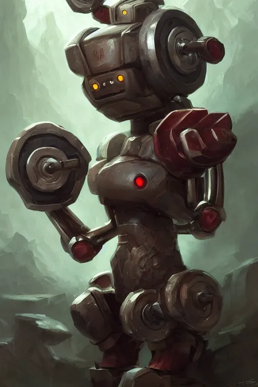 Image similar to robot [ thing ], lifting dumbbells, drinking a shake, tiny, small, short, cute and adorable, pretty, beautiful, dnd character art portrait, matte fantasy painting, deviantart artstation, by jason felix by steve argyle by tyler jacobson by peter mohrbacher, cinema