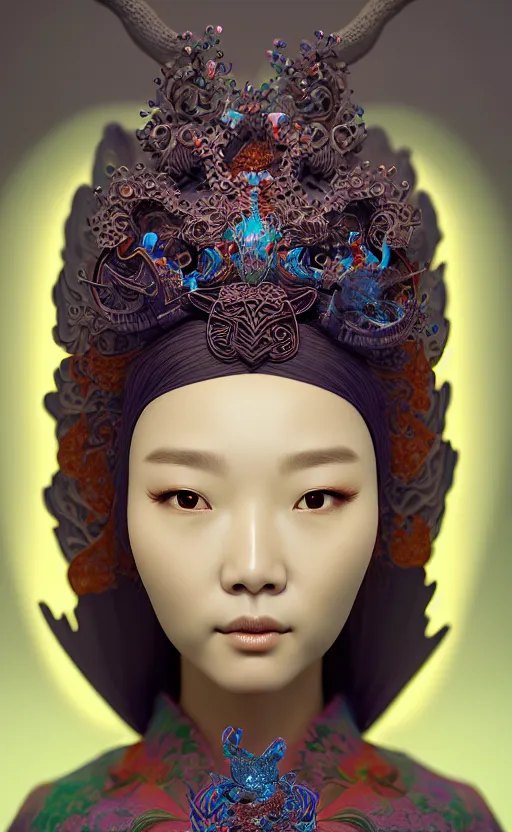 Prompt: 3 d goddess close - up profile portrait. beautiful intricate highly detailed korean gumiho mask and traditional korean hanbok. stingray, magpie, bio luminescent, plasma, lava, ice, water, wind, creature, artwork by tooth wu and wlop and beeple and greg rutkowski, cgsociety,