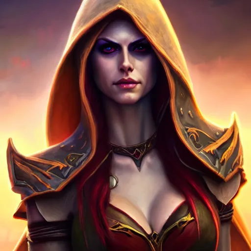 Image similar to Portrait Lady Sylvanas Windrunner, World of Warcraft, alexandra daddario, fanart, 4k oil on linen by wlop, artgerm, andrei riabovitchev, nuri iyem, james gurney, james jean, greg rutkowski, highly detailed, soft lighting 8k resolution