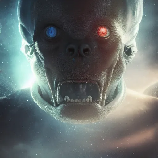 Prompt: a horrified man on a spaceship face to face with an alien from another galaxy, volumetric lighting, 8 k octane beautifully detailed render, post - processing, extremely hyper - detailed, intricate, epic composition, cinematic lighting, masterpiece, trending on artstation, detailed detailed detailed, masterpiece, beautiful cinematic light,