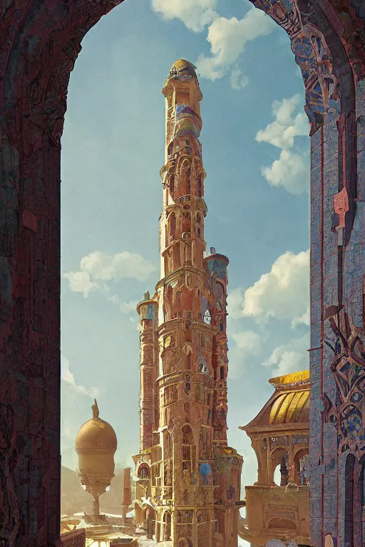 Prompt: glorious painted tower of the moon, by Sylvain Sarrailh and Ludwig Deutsch and edmund dulac, dramatic cinematic lighting , beautiful colorful tilework, ornate architecture, smooth, sharp focus, extremely detailed