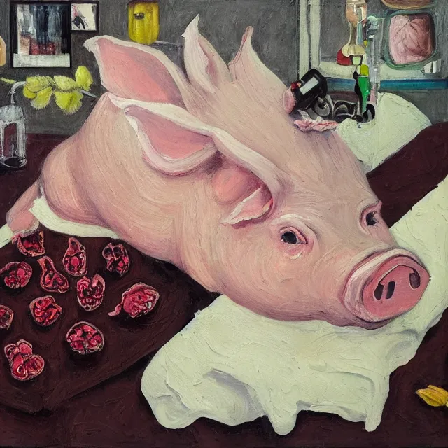 Prompt: pig, portrait of a female art student in a hospital bed, sensual, wilted flowers, squashed berry stains, octopus, scientific glassware, eating rotting fruit, oxygen tank, candlelight, neo - impressionist, surrealism, acrylic and spray paint and oilstick on canvas