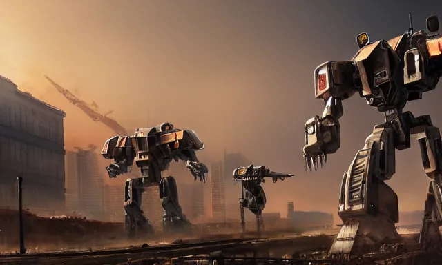 Prompt: Mech defending the city at sunset, photorealistic, hyperrealistic, digital illustrations, concept art, photoreal, mechwarrior, battletech, highly detailed, intricate, award-winning, dark, gritty, beautiful colors, hdr, rendered in Octane, rendered in Unreal engine, 4k, ultra hd