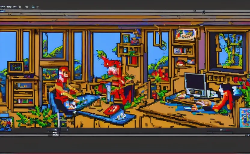 Prompt: 16-bit Pixel-art. Trending on artstation. Slice-of-life genre art. Fantastic colors and lighting by James Gurney and artgerm. Screenshot of Music to chill/study to youtube video. Character sitting and relaxing in front of their work desk in their cozy room as a peaceful scene is seen through the room's window.