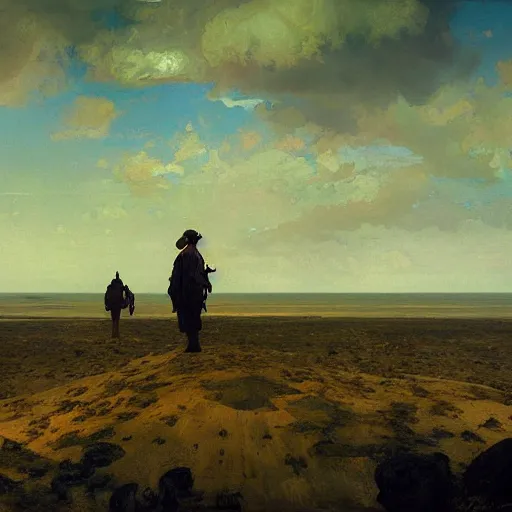 Image similar to The arms of god and death, wide shot, epic scale, photorealistic, muted colors, long shadows, split image, by Ilya Repin Greg Rutkowski Asher Duran