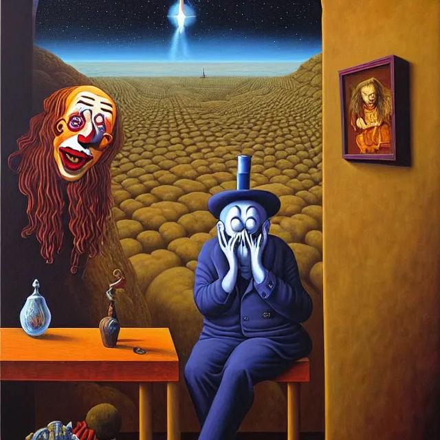 Image similar to an oil on canvas painting of a sad clown sitting by himself next to the devil, surrealism, surrealist, cosmic horror, rob gonsalves, high detail