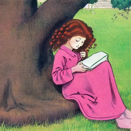 Image similar to beautiful little girl with long curly red hair dressed in a pink kimono and sitting next to a tree while reading a book, artwork made in western comic art style, inspired in balthus, anatomically correct, higher details, realistic