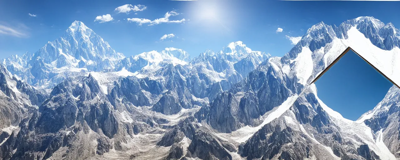 Prompt: warping mirror dimension as background huge Mountain alps Himalayas In the style of Philip Hyde-H 576