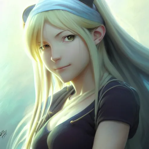 Image similar to Winry Rockbell from Fullmetal Alchemist, fantasy, intricate, elegant, highly detailed, digital painting, artstation, concept art, matte, sharp focus, illustration, art by Artgerm and Greg Rutkowski and Alphonse Mucha