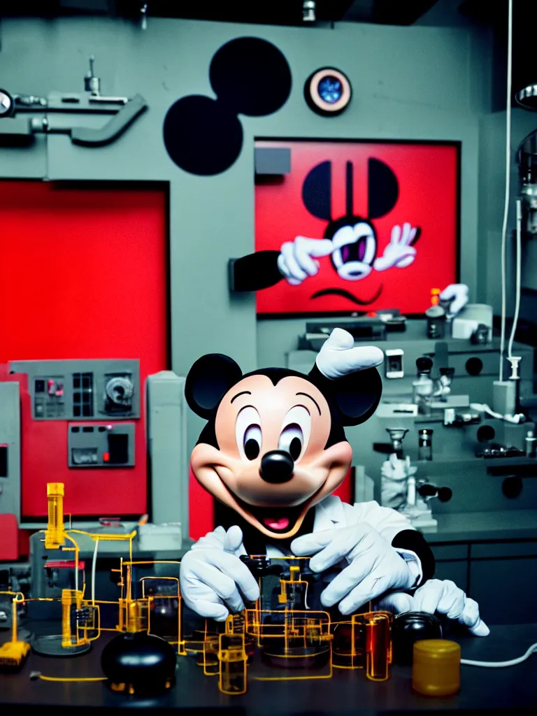 Image similar to hyperrealistic photo of evil scientists in military laboratory, single giant destroyed mickey mouse face, netflix logo, military base, colored gels, studio photography, 3 5 mm film look by denis villeneuve