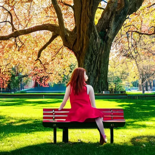 Image similar to Emma Stone sitting on a bench and drinking coffee in a park filled with trees, sharp focus, highly detailed, 4K, colorful, portrait photography, medium shot