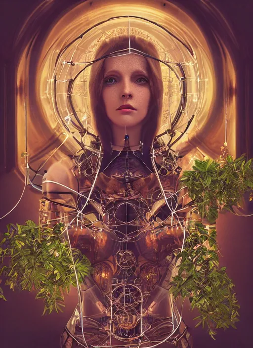 Image similar to symmetrical renaissance painting of android woman covered by plants and crystalsin the mystical forest, beautiful symmetrical face, wires and cords, golden steampunk, retro futurism, sci - fi, filigree jewellery, baroque, cinematic light, mystical shadows, 8 k