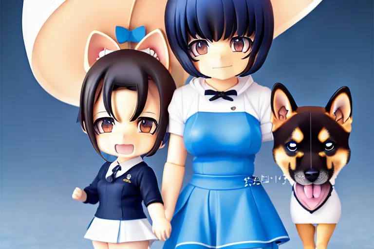 Prompt: photorealistic, style illustration of shiba inu dog poster advertisement, in blue dress, super detailed , beautiful nendoroid eyes kawaii chibi with black hair and hime cut in style of krenz cushart, ilya kuvshinov, pixiv key visual manga cover