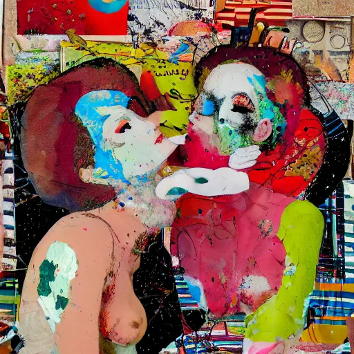 Image similar to two dream women kissing at a carnival made of love, mixed media collage, retro, paper collage, magazine collage, acrylic paint splatters, bauhaus, abstract claymation, layered paper art, sapphic visual poetry expressing the utmost of desires by jackson pollock