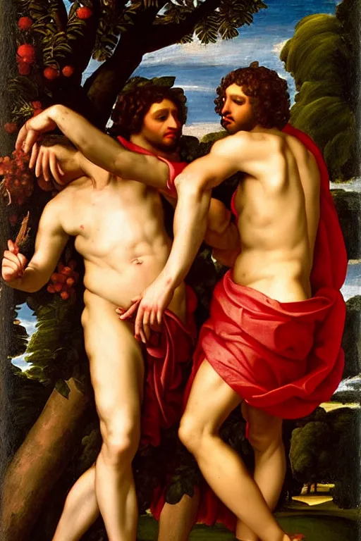 Prompt: renaissance painting of two male lovers in the garden dressed in red loincloths, closeup, interest face, emotions closeup, the beautiful garden with thorn branches everywhere, ultra detailed, art by Guido Reni style, Vincenzo Catena style