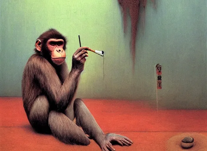 Prompt: a monkey smoking a joint in an onsen, painted by zdzislaw beksinski,