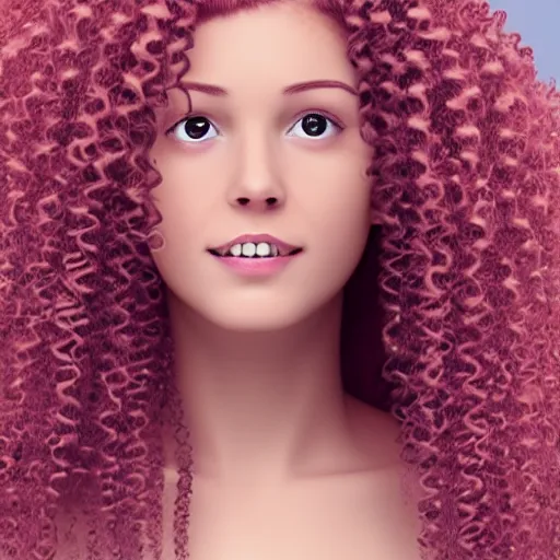 Image similar to a pink woman with long curly hair, realistic, 8k,