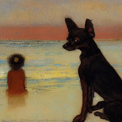 Image similar to a woman and her black and brown chihuahua looking out at the ocean by odilon redon