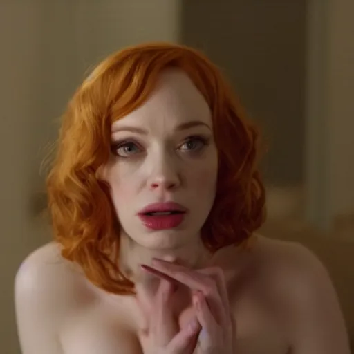 Image similar to amazing beautiful Christina Hendricks with mouth wide open in the living room, film still from the movie directed by Denis Villeneuve , wide lens