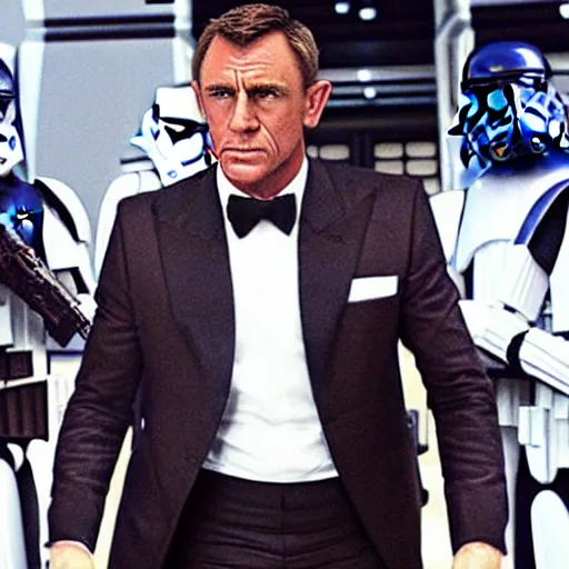 Prompt: “Star Wars James Bond crossover hq movie still”