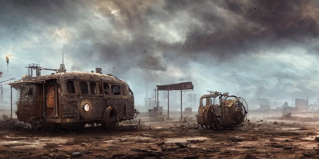 Prompt: lonely steampunk autocamper, abandoned, dirty, apocalypse, cinematic, detailed, epic, widescreen, opening, establishing, mattepainting, photorealistic, rule of thirds, 4 k, octane render, art by greg rutkowski, moebius