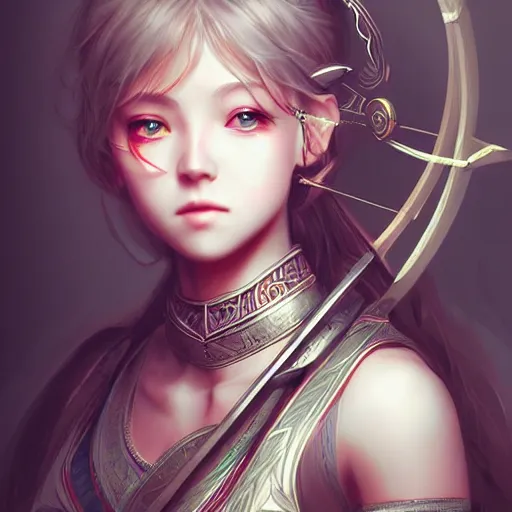 Image similar to beautiful extremely detailed intricate concept art depicting an archer by wlop. semi - realism. anime face. shining jewelry. grey atmosphere. particles in the background. bcy. net