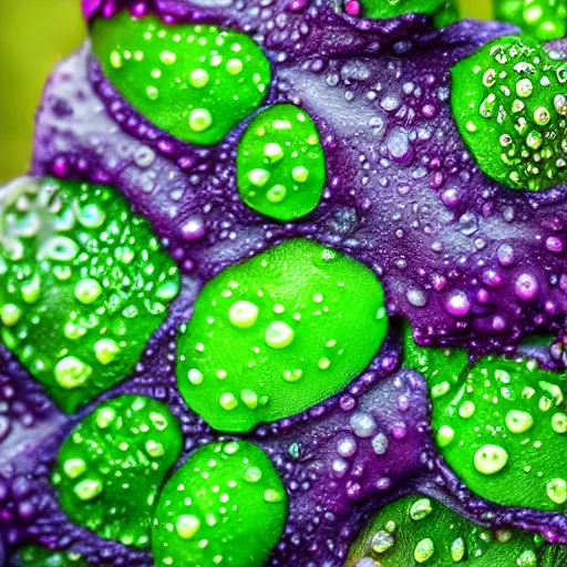 Prompt: closeup shot of alien jungle fruit covered in dew drops, looming milky purple mist in the background, tilt shift, low angle