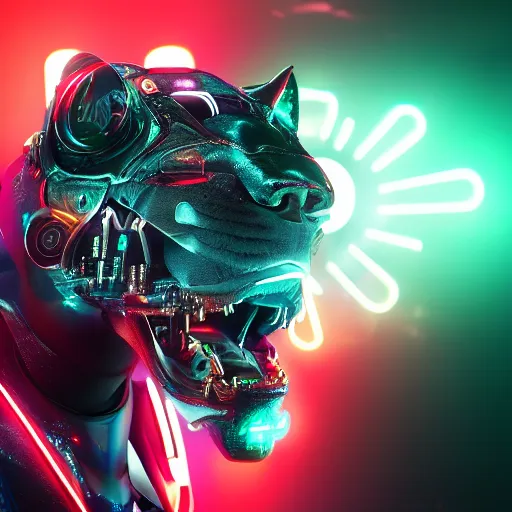 Image similar to portrait of a neon cyberpunk cyborg jaguar animal riding a motorcycle, octane render